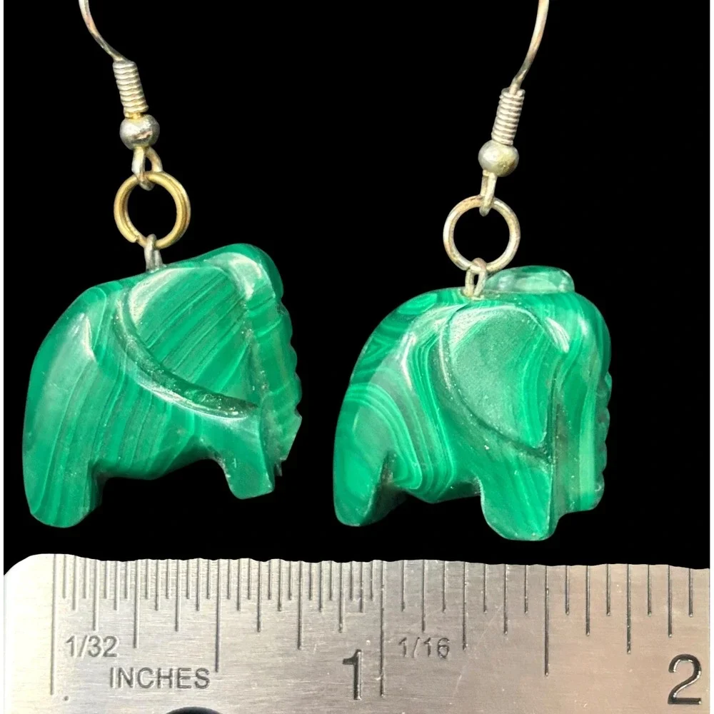 Vintage Genuine Carved Green Malachite Elephant Dangle Drop Earrings Good Luck